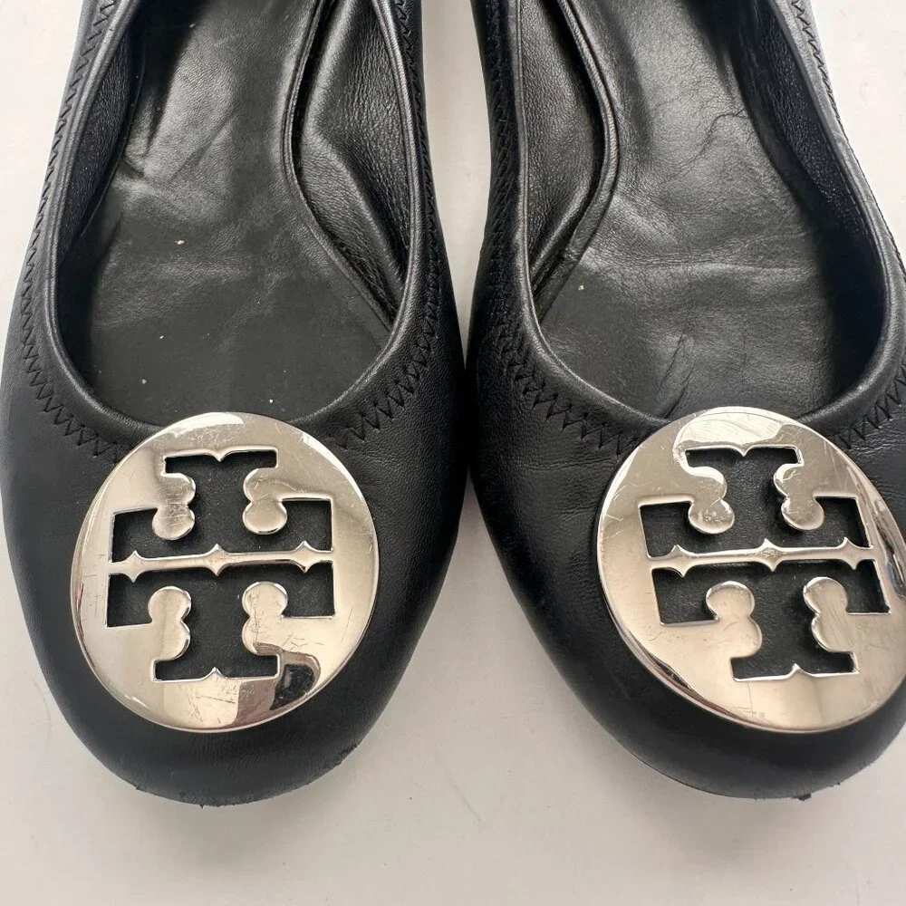 Tory Burch Classic Minnie Leather Travel Ballet Flat Black and Silver Size 7